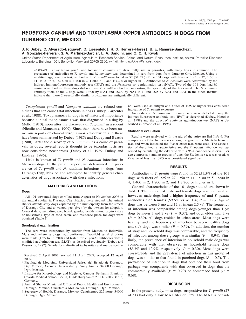 Neospora Caninum and Toxoplasma Gondii Antibodies in Dogs from Durango City, Mexico