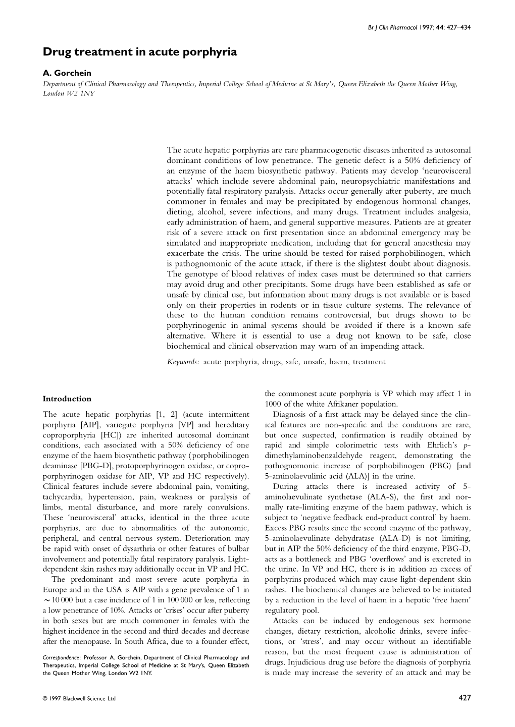 Drug Treatment in Acute Porphyria