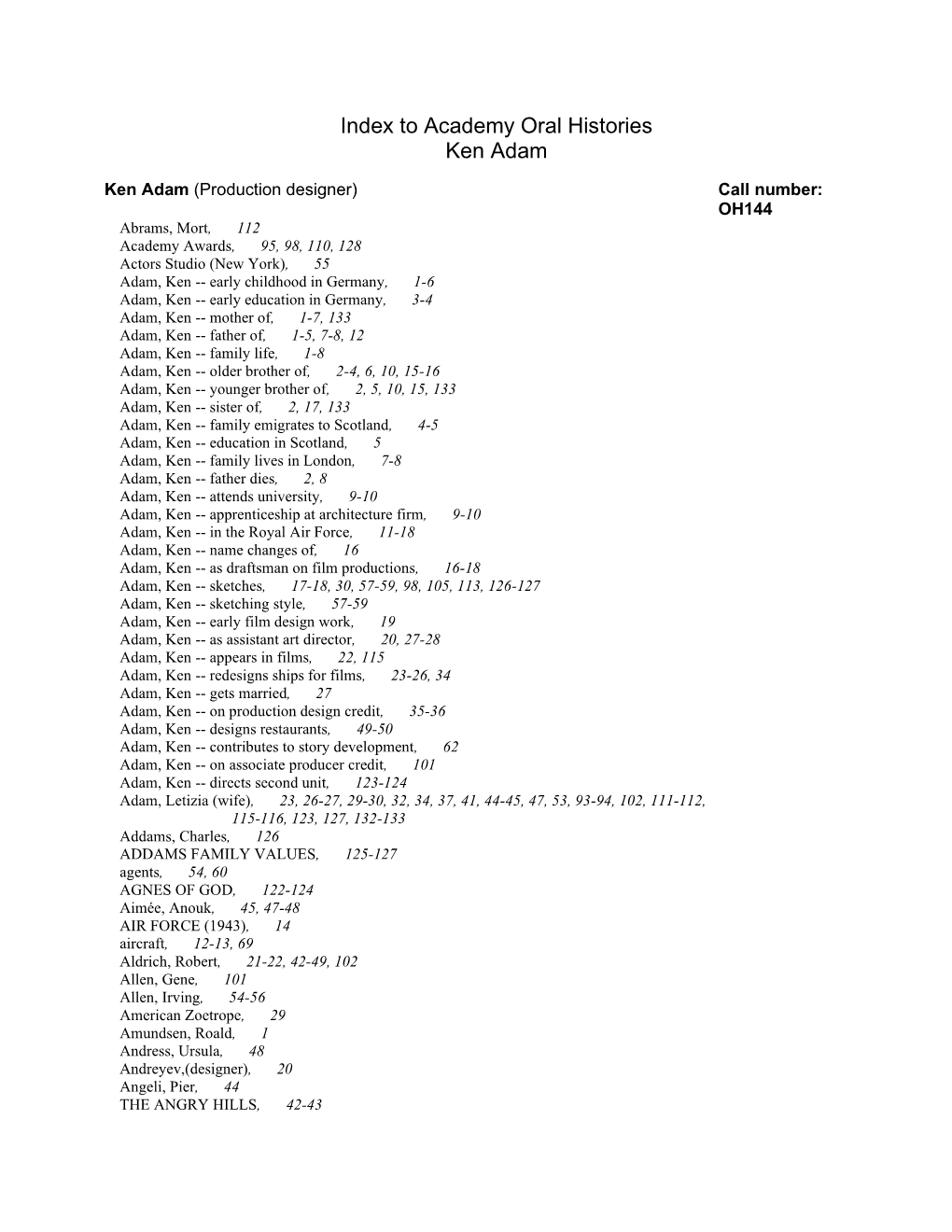 Index to Academy Oral Histories Ken Adam