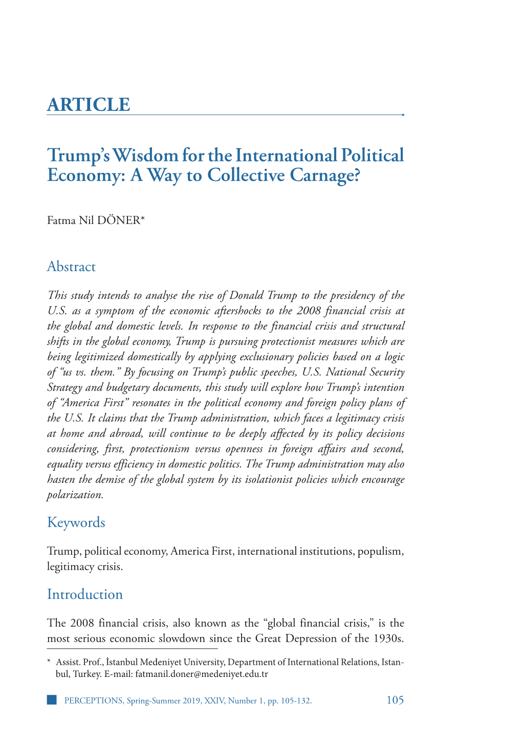 ARTICLE Trump's Wisdom for the International Political Economy: a Way to Collective Carnage?