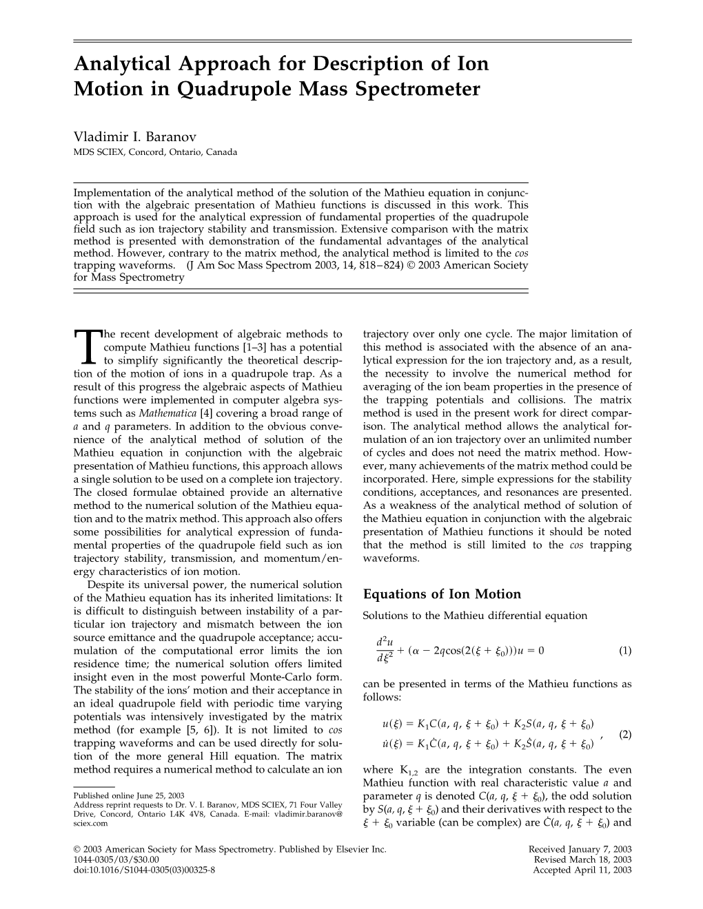 Analytical Approach for Description of Ion Motion in Quadrupole Mass Spectrometer