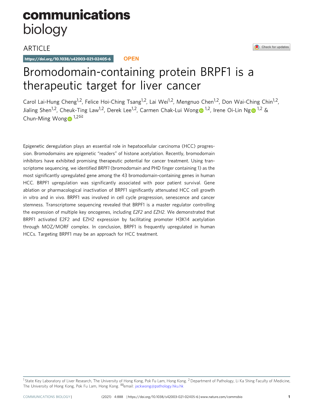 Bromodomain-Containing Protein BRPF1 Is a Therapeutic Target for Liver Cancer