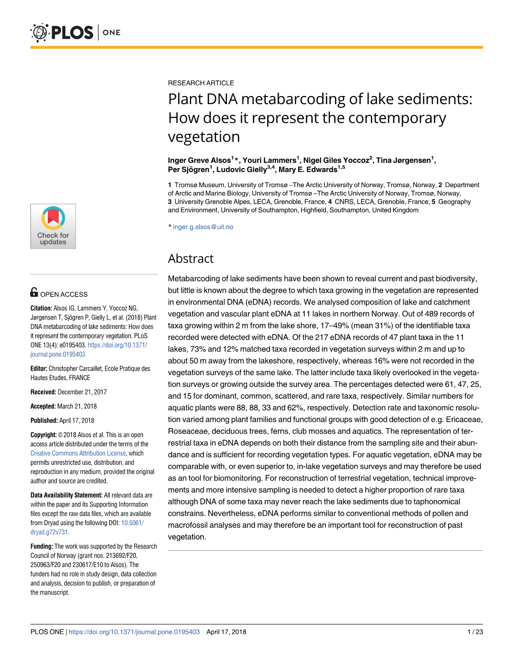 Plant DNA Metabarcoding of Lake Sediments: How Does It Represent the Contemporary Vegetation