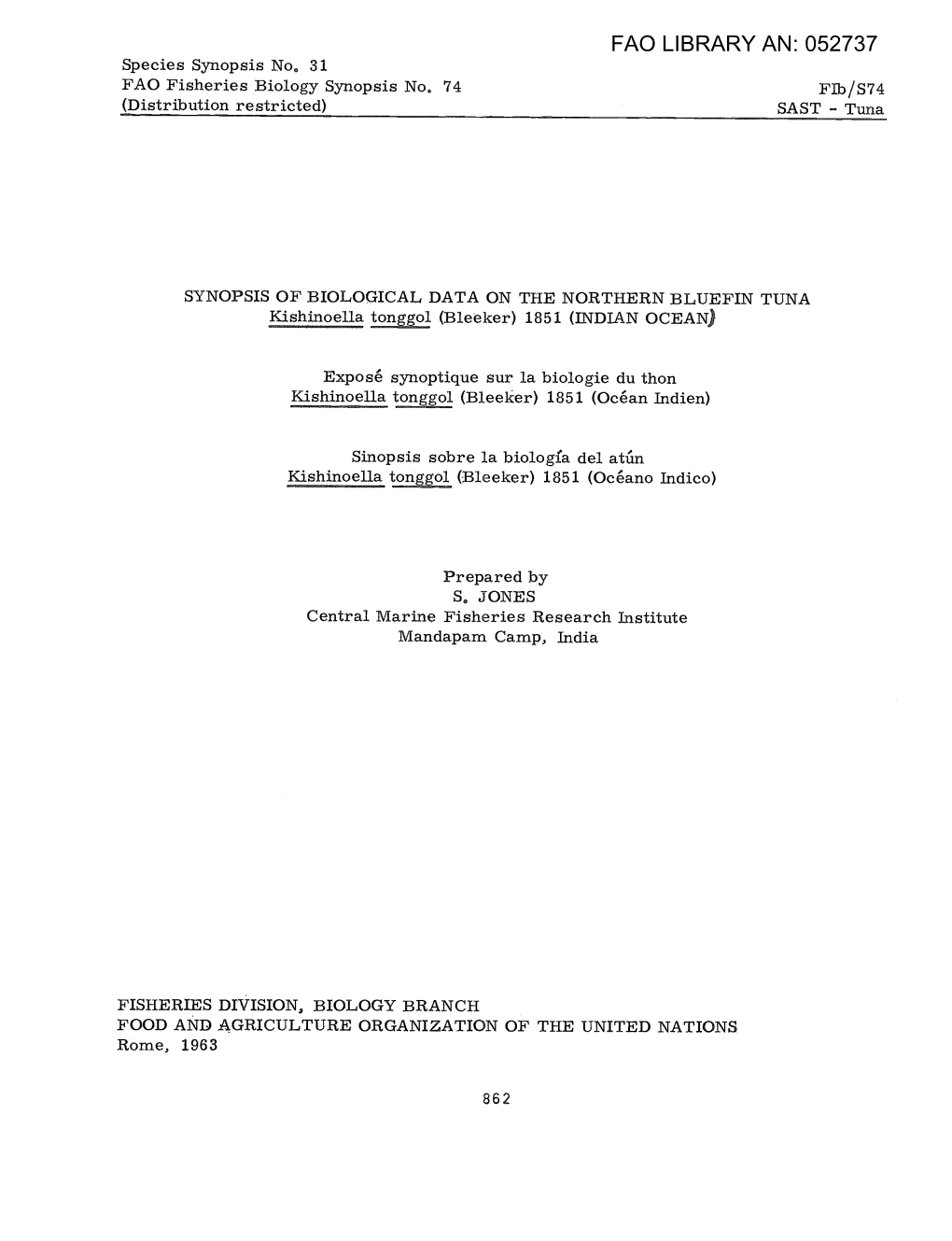 Synopsis of Biological Data on the Northern Bluefin Tuna Kishinoella Tonggol