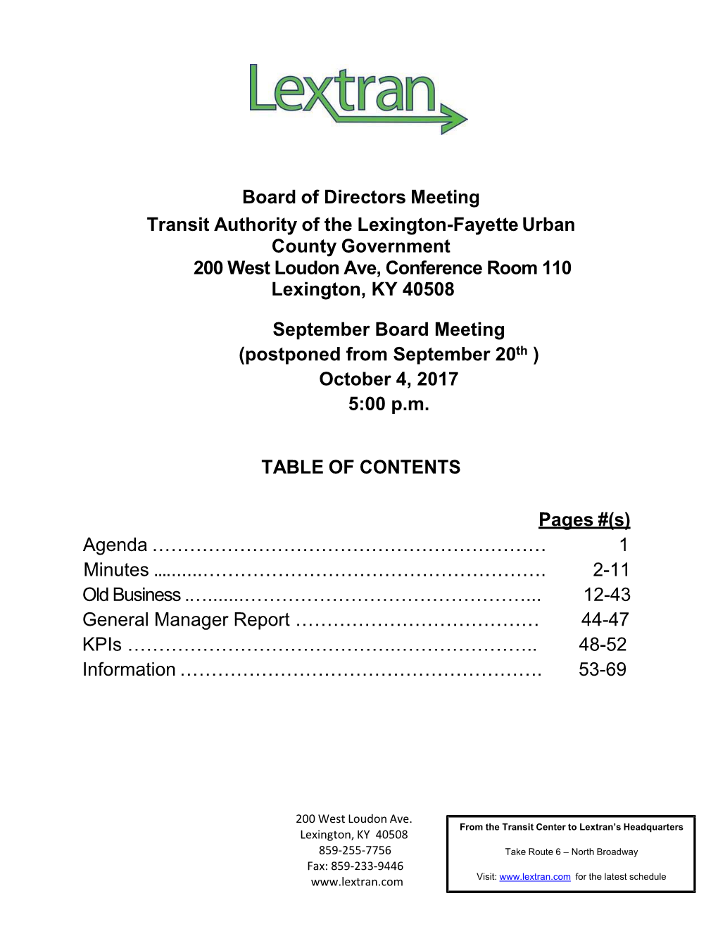 Board of Directors Meeting Transit Authority of the Lexington-Fayette Urban County Government Lextran