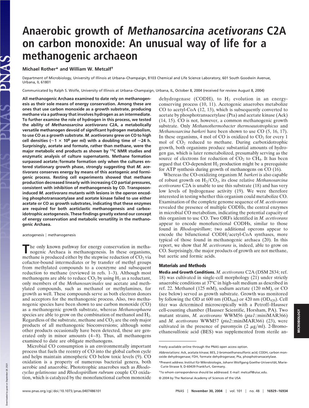 Anaerobic Growth of Methanosarcina Acetivorans C2A on Carbon Monoxide: an Unusual Way of Life for a Methanogenic Archaeon