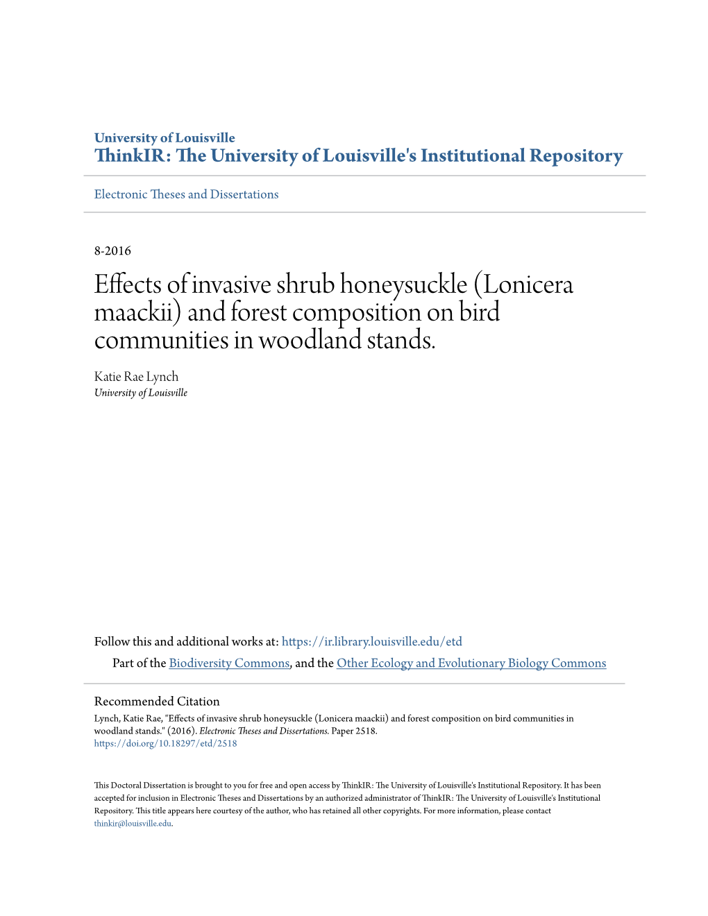 Lonicera Maackii) and Forest Composition on Bird Communities in Woodland Stands