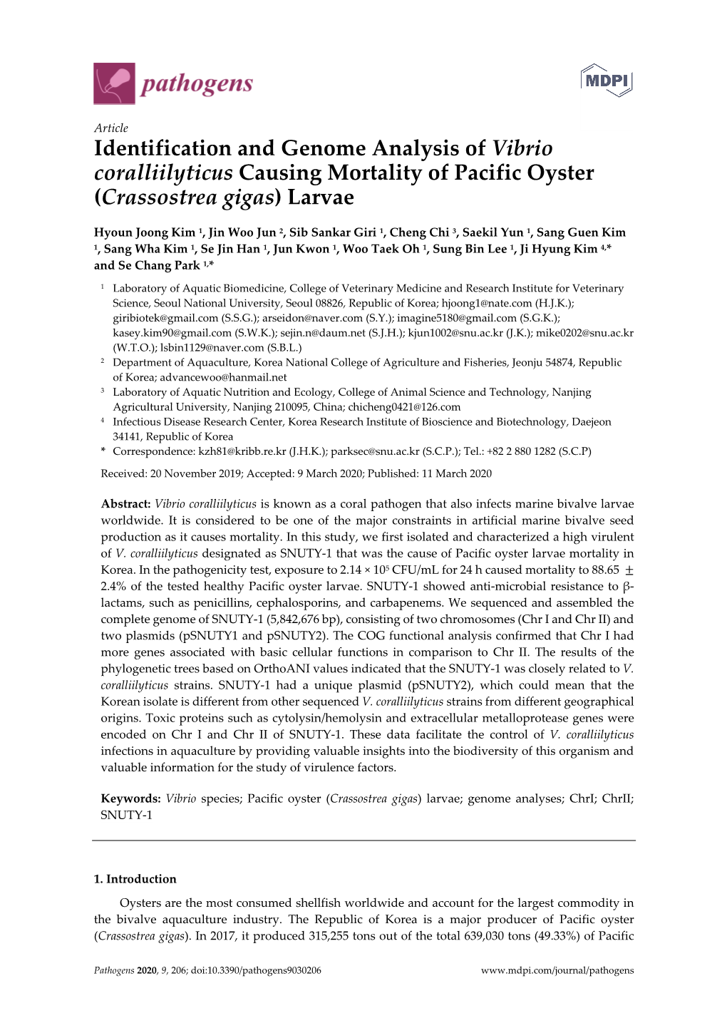 Identification and Genome Analysis of Vibrio Coralliilyticus Causing Mortality of Pacific Oyster (Crassostrea Gigas) Larvae