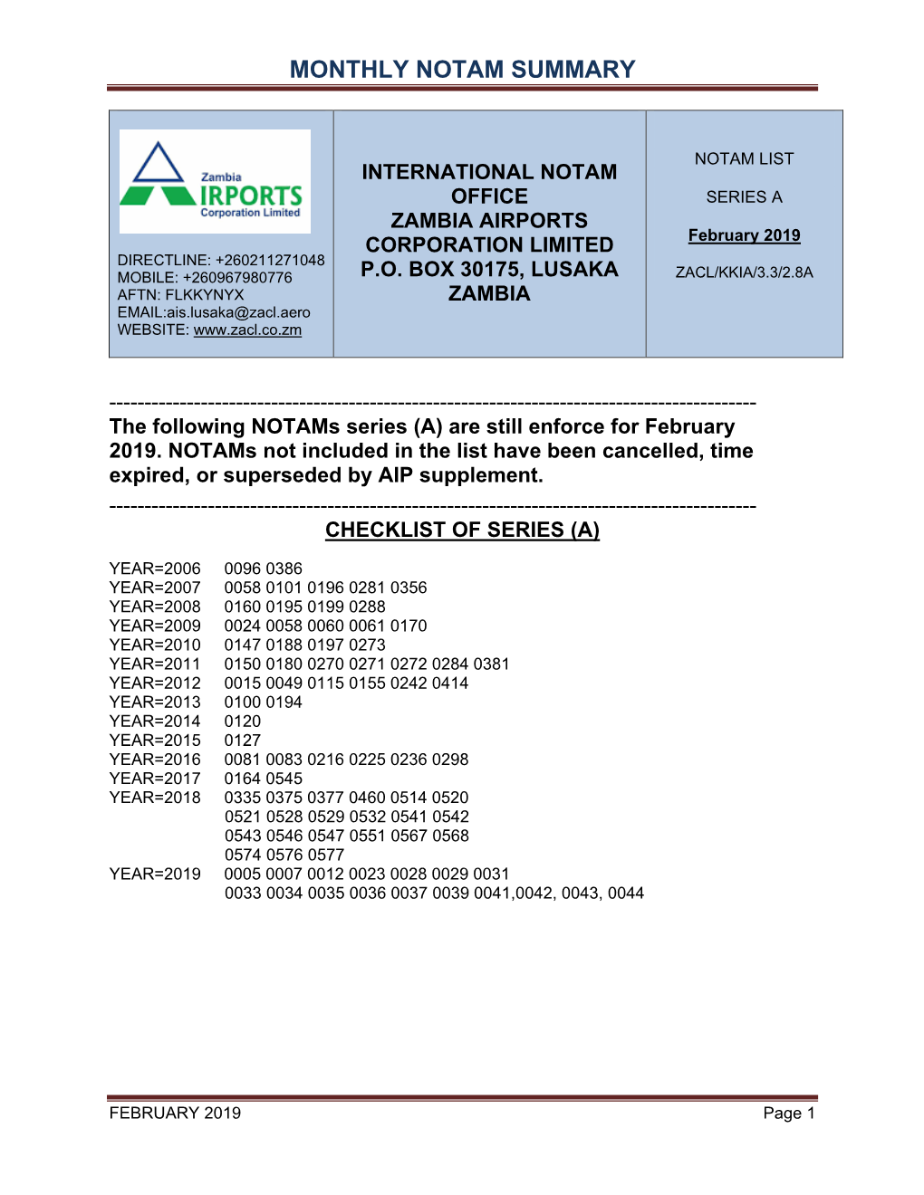 Monthly Notam Summary