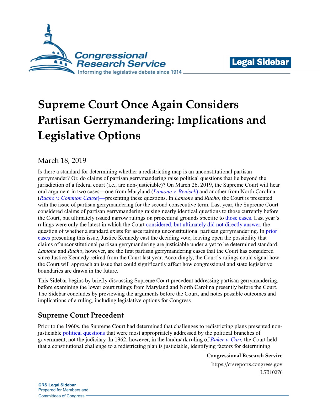 Supreme Court Once Again Considers Partisan Gerrymandering: Implications and Legislative Options