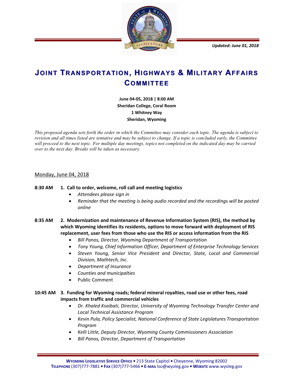 Joint Transportation, Highways & Military Affairs Committee