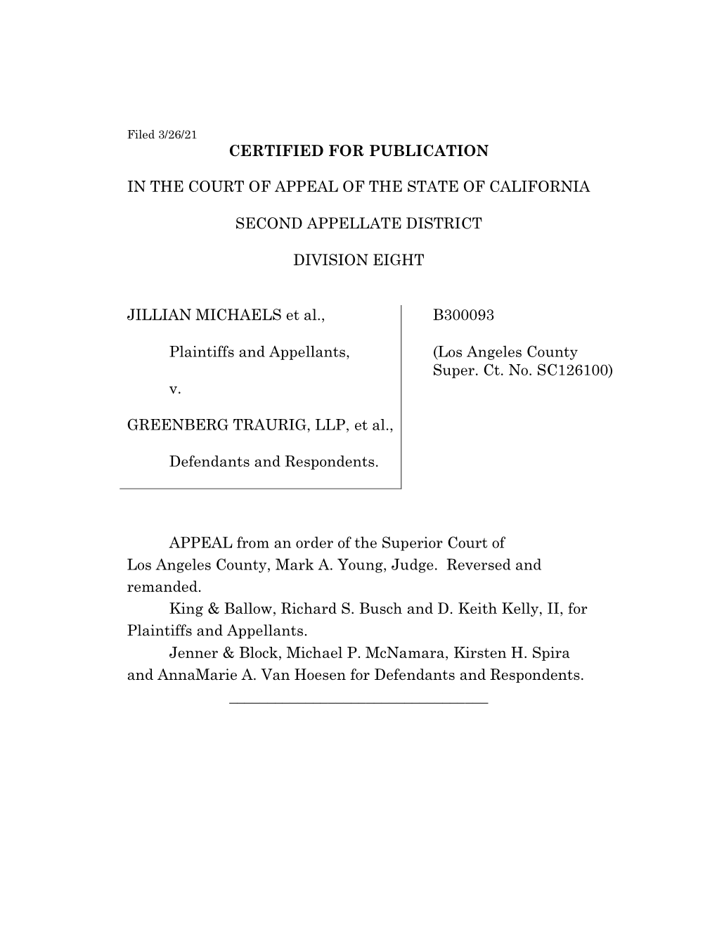 Certified for Publication in the Court of Appeal of the State of California Second Appellate District Division Eight Jillian