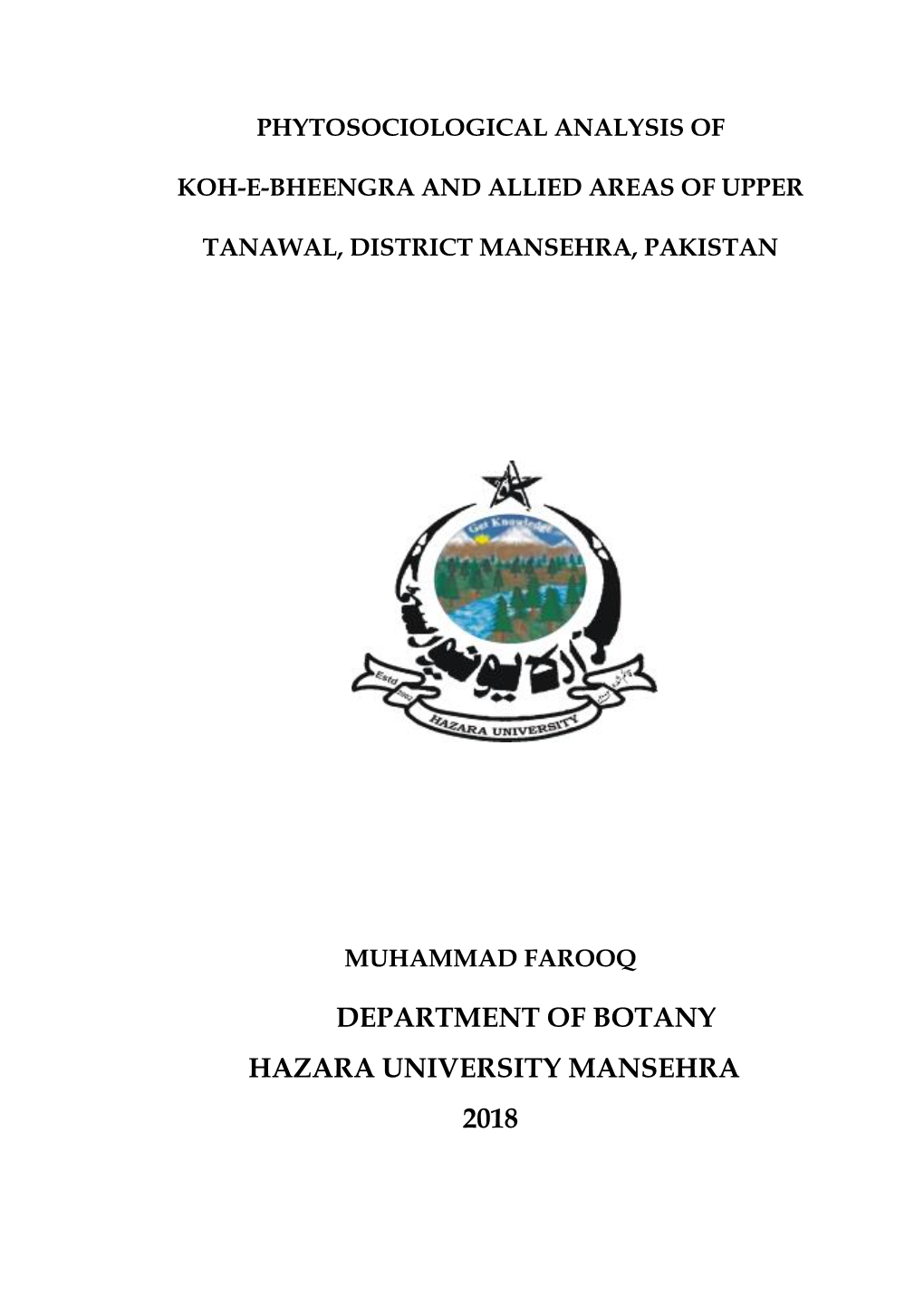 Department of Botany Hazara University Mansehra 2018