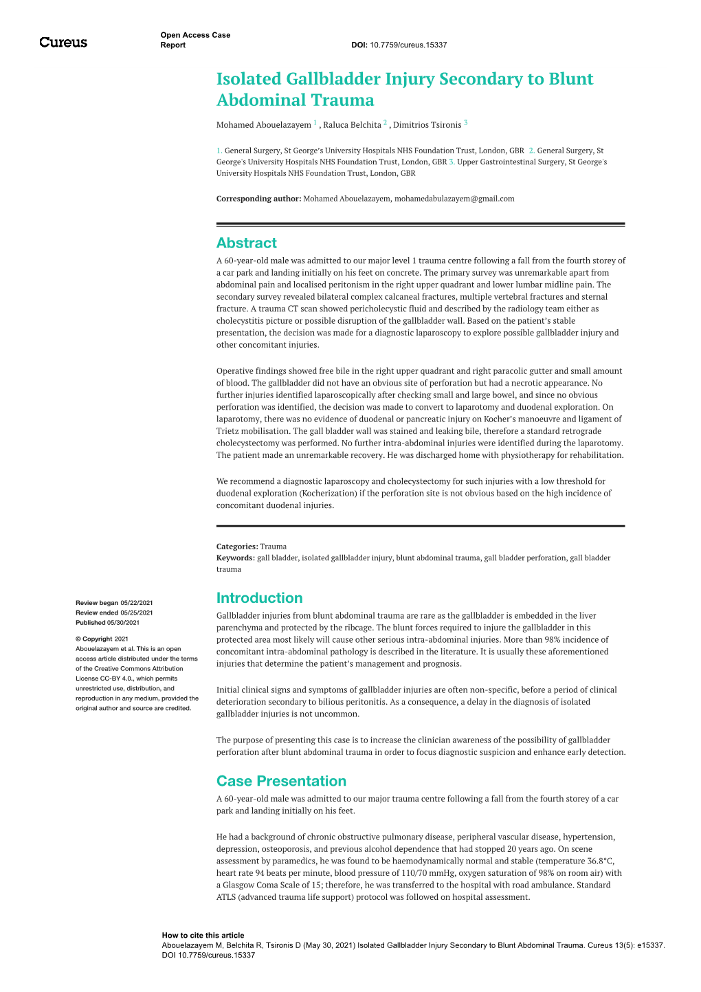 Isolated Gallbladder Injury Secondary to Blunt Abdominal Trauma