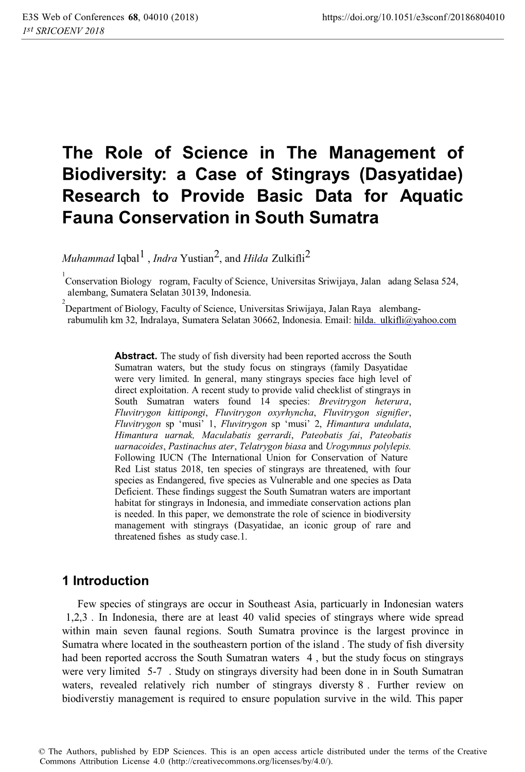 Dasyatidae) Research to Provide Basic Data for Aquatic Fauna Conservation in South Sumatra