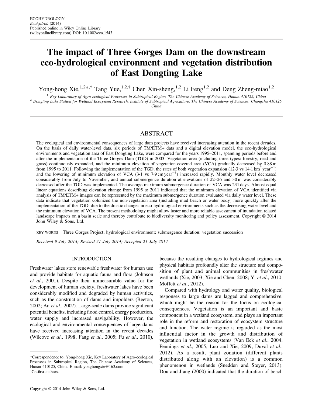 The Impact of Three Gorges Dam on the Downstream Eco-Hydrological Environment and Vegetation Distribution of East Dongting Lake