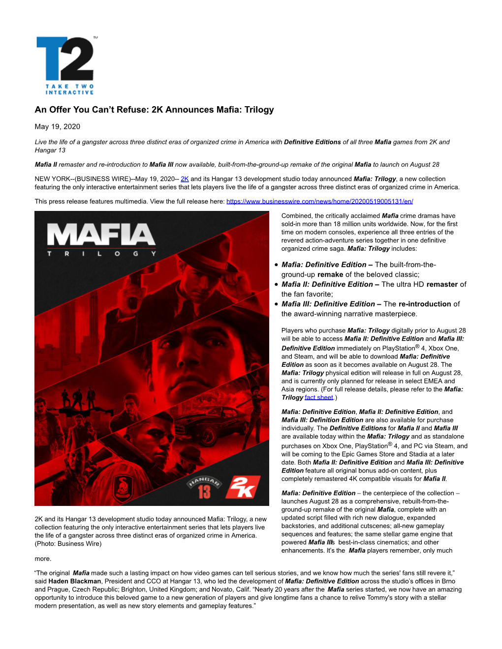 2K Announces Mafia: Trilogy