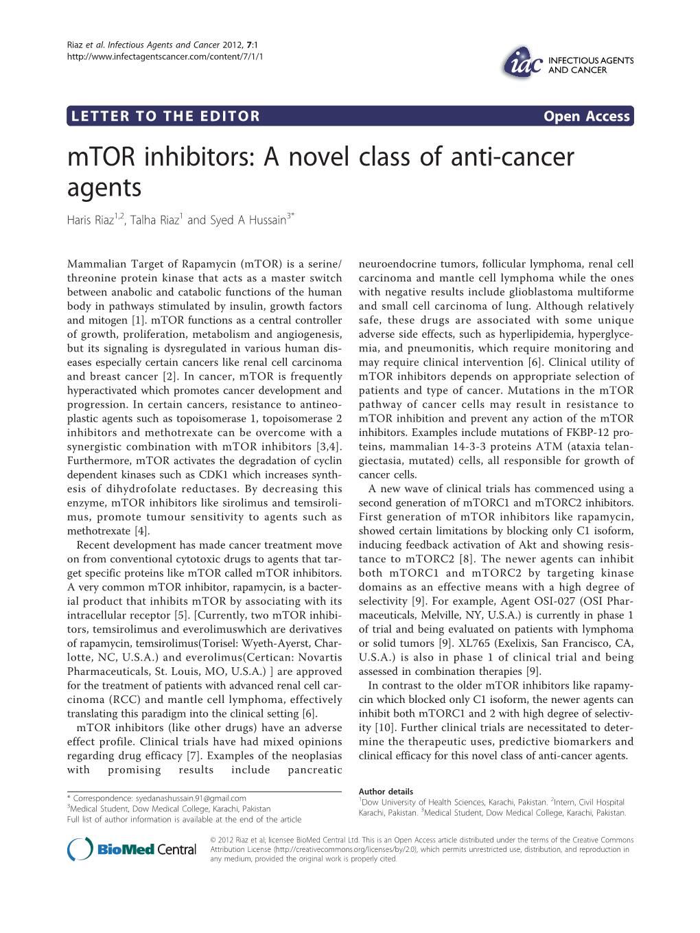 Mtor Inhibitors: a Novel Class of Anti-Cancer Agents Haris Riaz1,2, Talha Riaz1 and Syed a Hussain3*