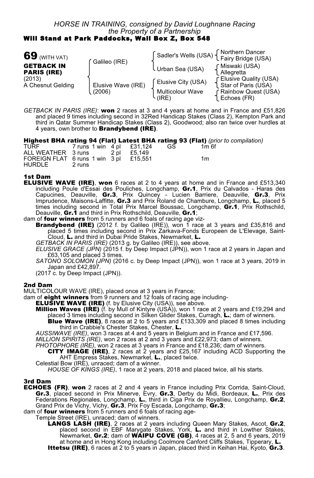 HORSE in TRAINING, Consigned by David Loughnane Racing the Property of a Partnership Will Stand at Park Paddocks, Wall Box Z, Box 548