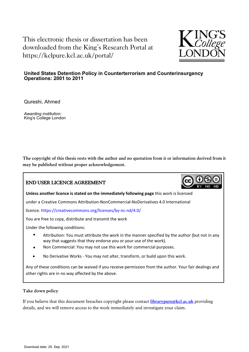 United States Detention Policy in Counterterrorism and Counterinsurgency Operations: 2001 to 2011