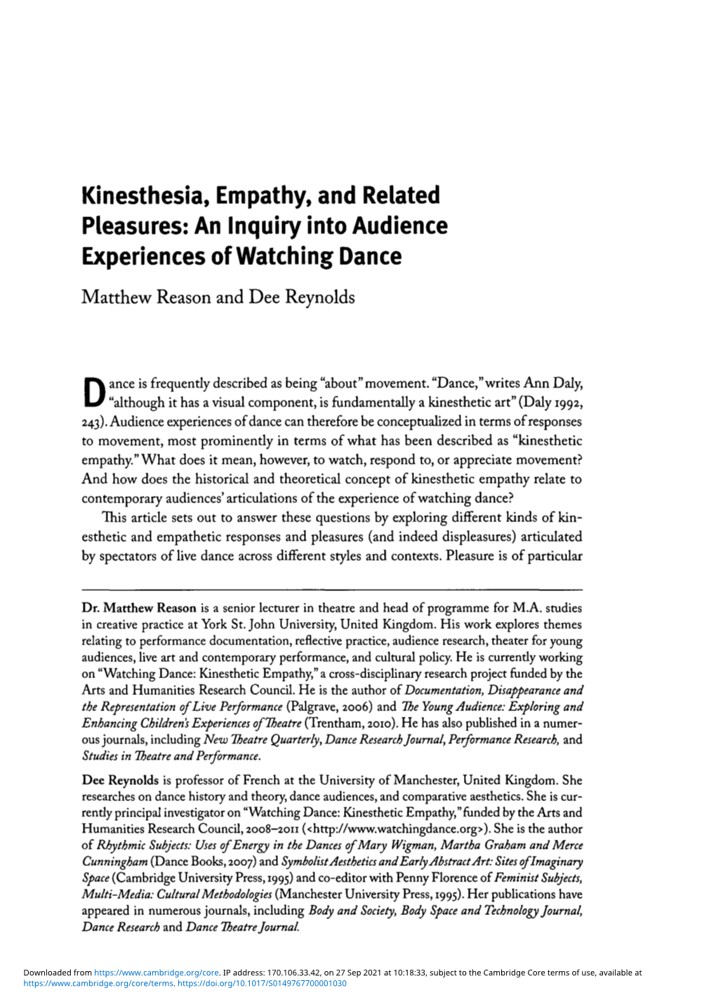 Kinesthesia, Empathy, and Related Pleasures: an Inquiry Into Audience Experiences of Watching Dance