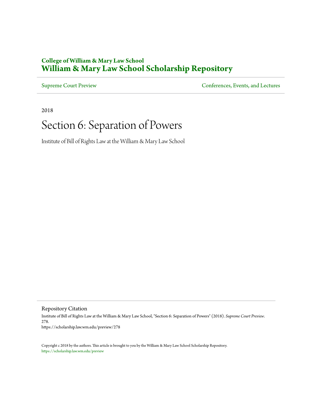 Separation of Powers Institute of Bill of Rights Law at the William & Mary Law School