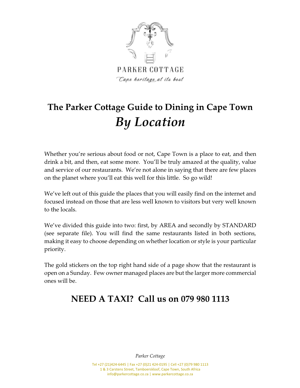 Parker Cottage's Guide to Dining out in Cape Town by Location