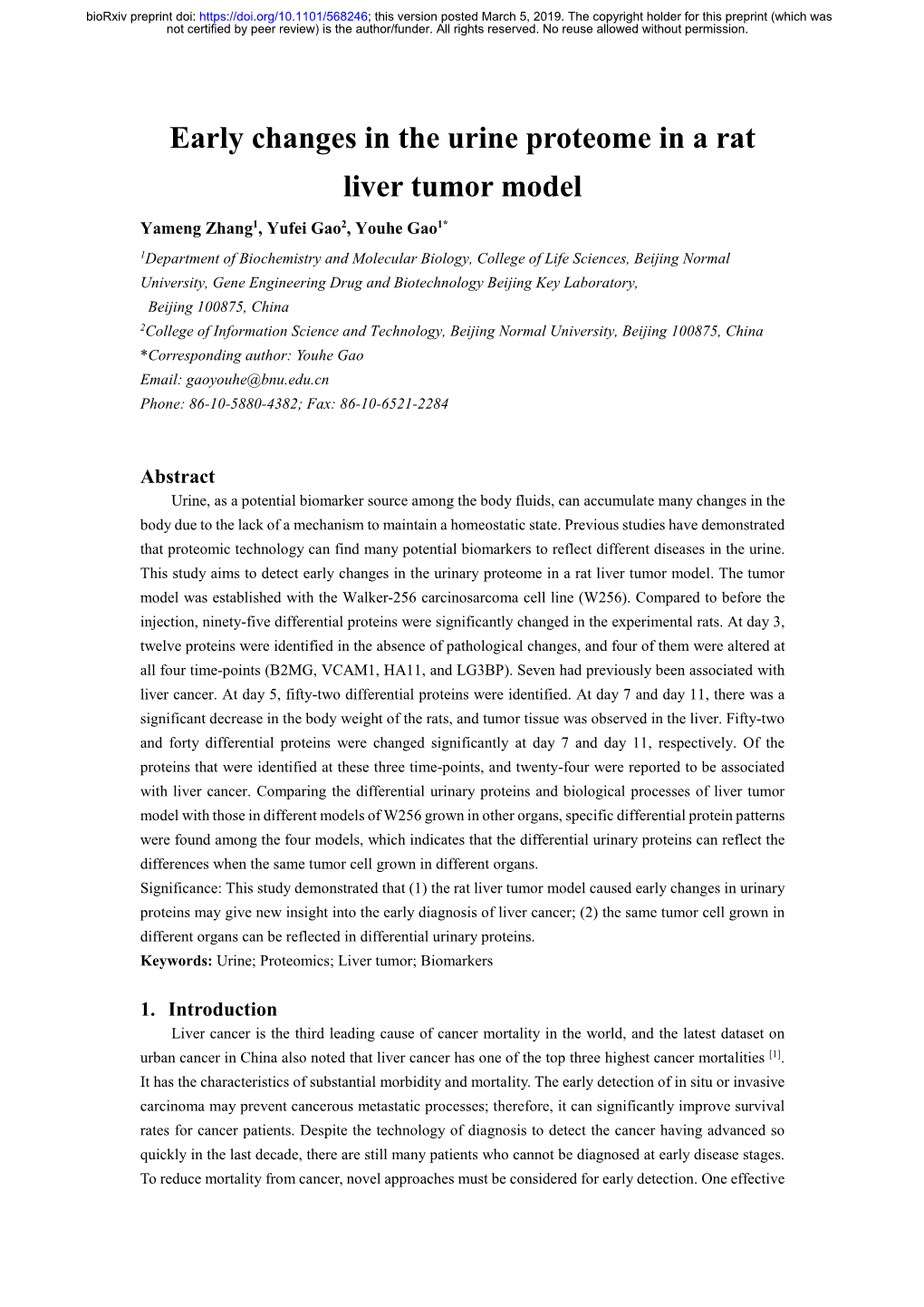 Early Changes in the Urine Proteome in a Rat Liver Tumor Model