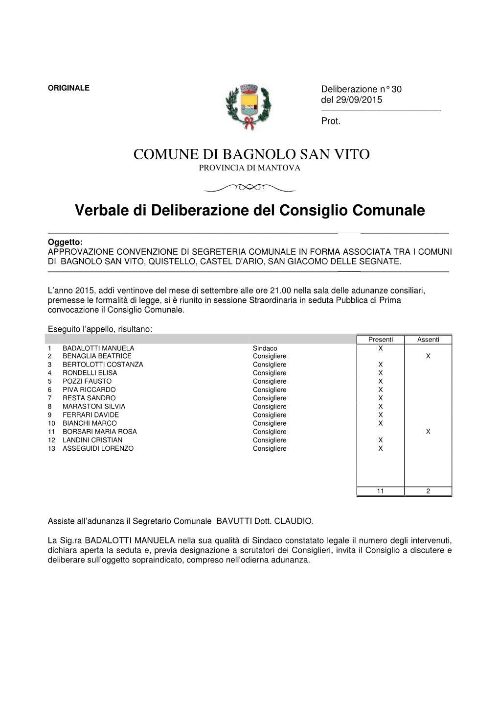 COMUNE DI BAGNOLO SAN VITO Verbale Di Deliberazione Del Consiglio Comunale