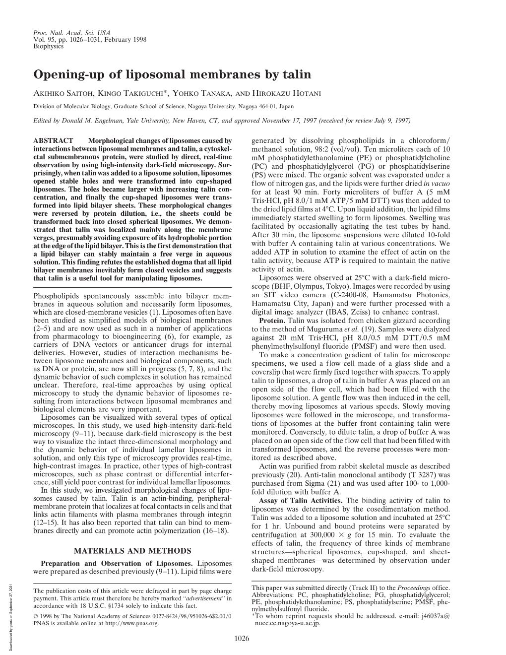 Opening-Up of Liposomal Membranes by Talin