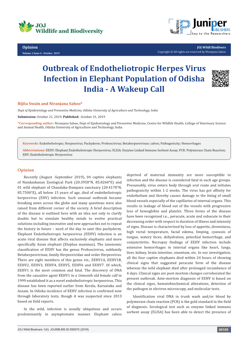 Outbreak of Endotheliotropic Herpes Virus Infection in Elephant Population of Odisha India - a Wakeup Call