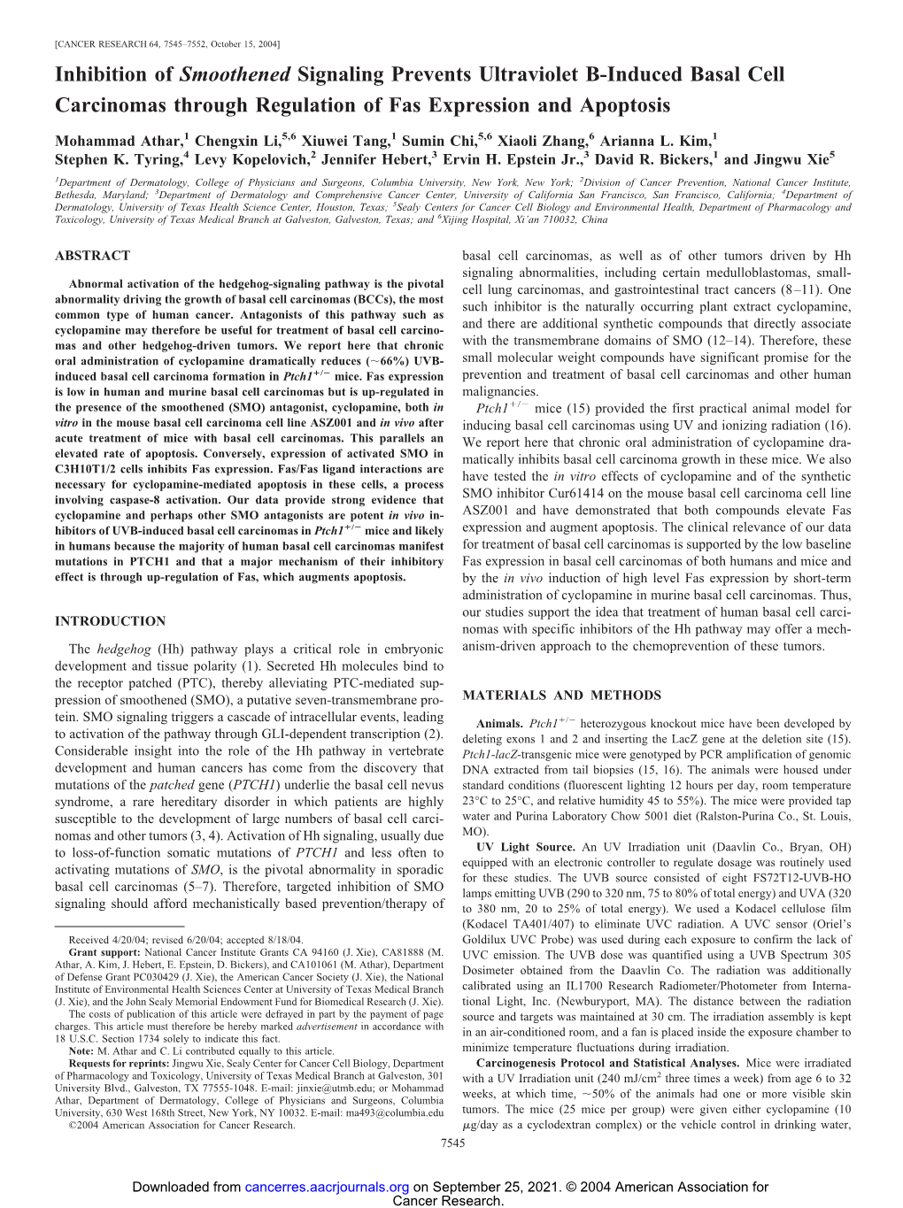 Inhibition of Smoothened Signaling Prevents Ultraviolet B-Induced Basal Cell Carcinomas Through Regulation of Fas Expression and Apoptosis