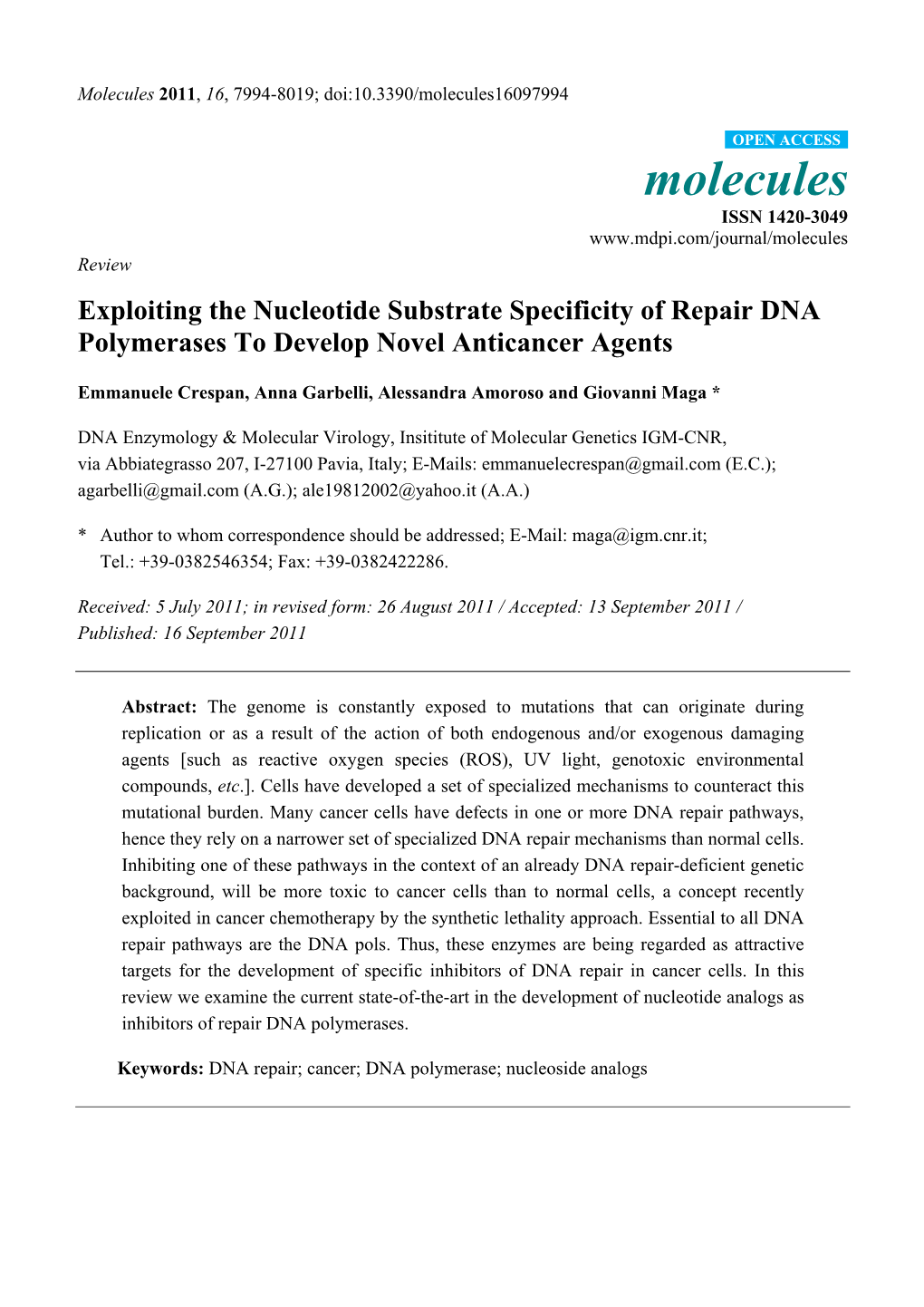 Exploiting the Nucleotide Substrate Specificity of Repair DNA Polymerases to Develop Novel Anticancer Agents