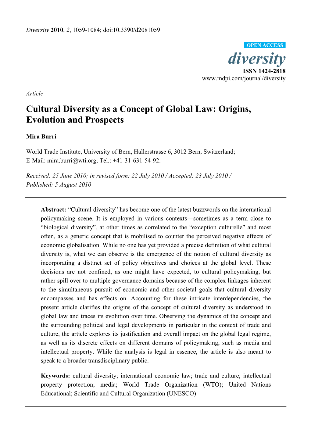 Cultural Diversity As a Concept of Global Law: Origins, Evolution and Prospects