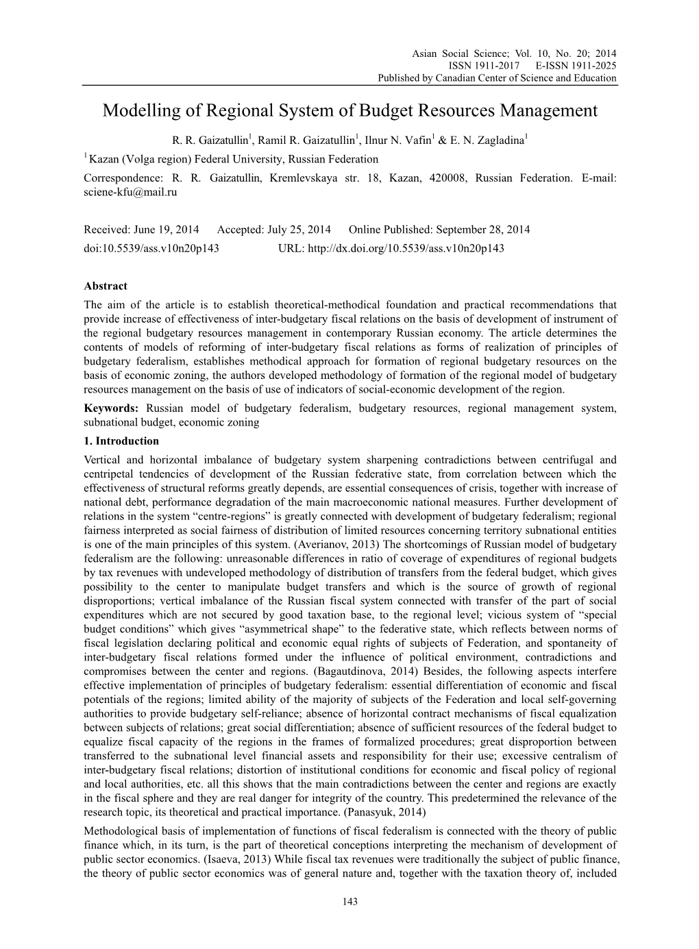 Modelling of Regional System of Budget Resources Management