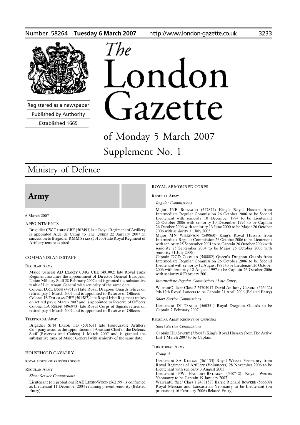 Of Monday 5 March 2007 Supplement No. 1 Ministry of Defence