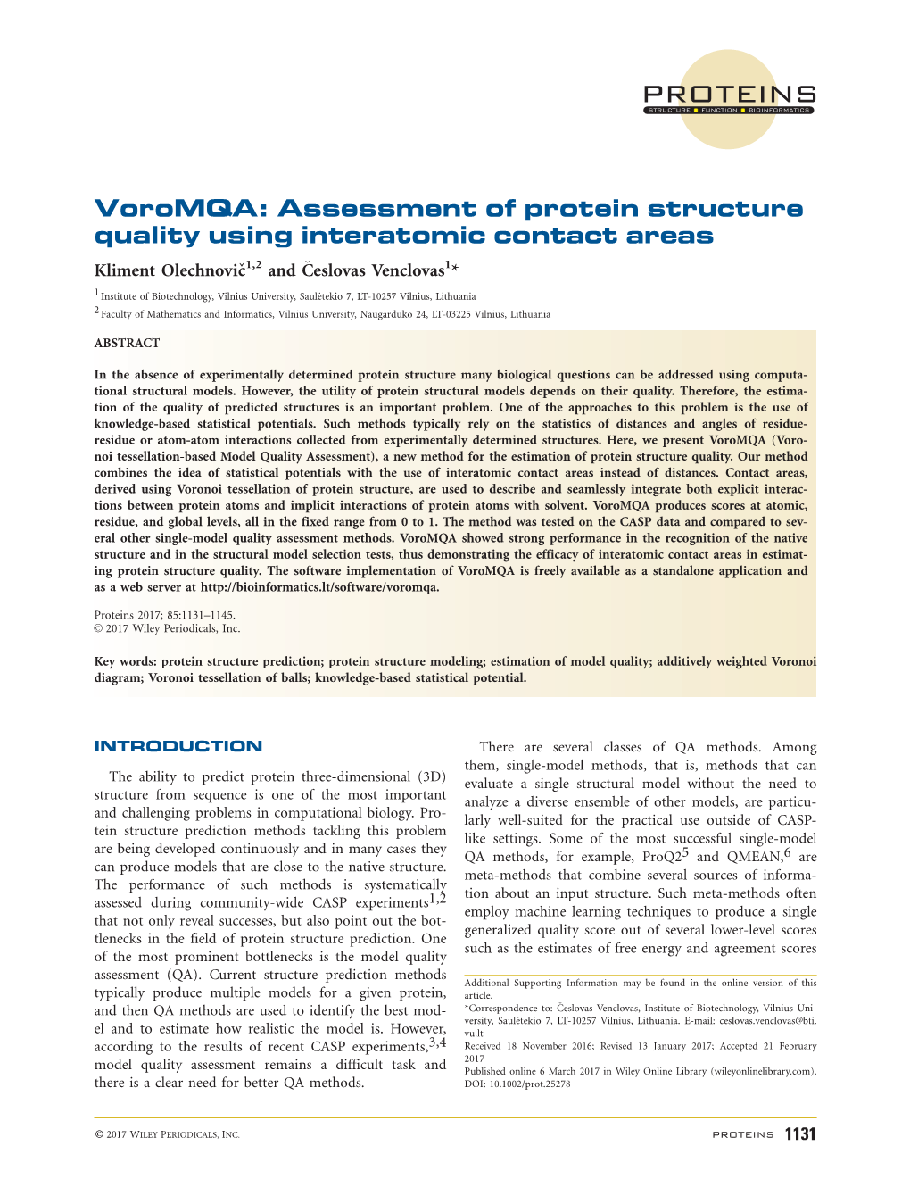 Voromqa: Assessment of Protein Structure Quality Using Interatomic Contact Areas Kliment Olechnovicˇ1,2 and Ceslovas� Venclovas1*