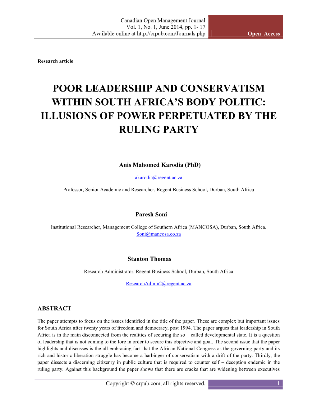 Poor Leadership and Conservatism Within South Africa's Body Politic