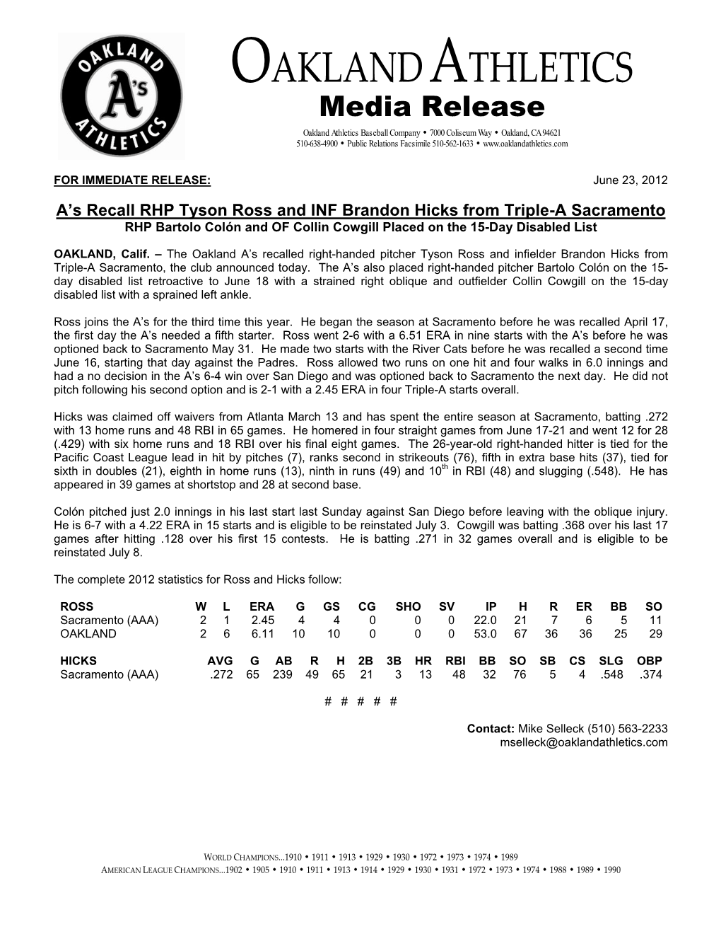 06-23-2012 Athletics Recall RHP Tyson Ross and INF Brandon Hicks