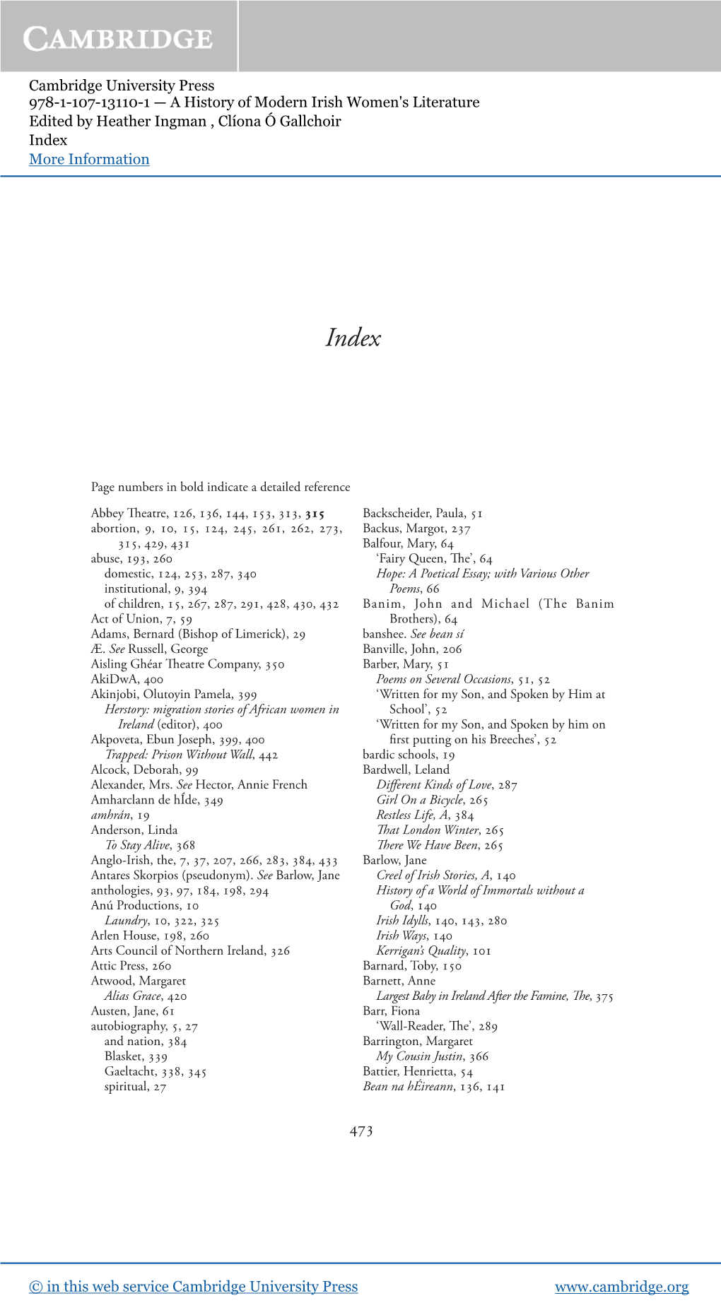 Cambridge University Press 978-1-107-13110-1 — a History of Modern Irish Women's Literature Edited by Heather Ingman , Clíona Ó Gallchoir Index More Information