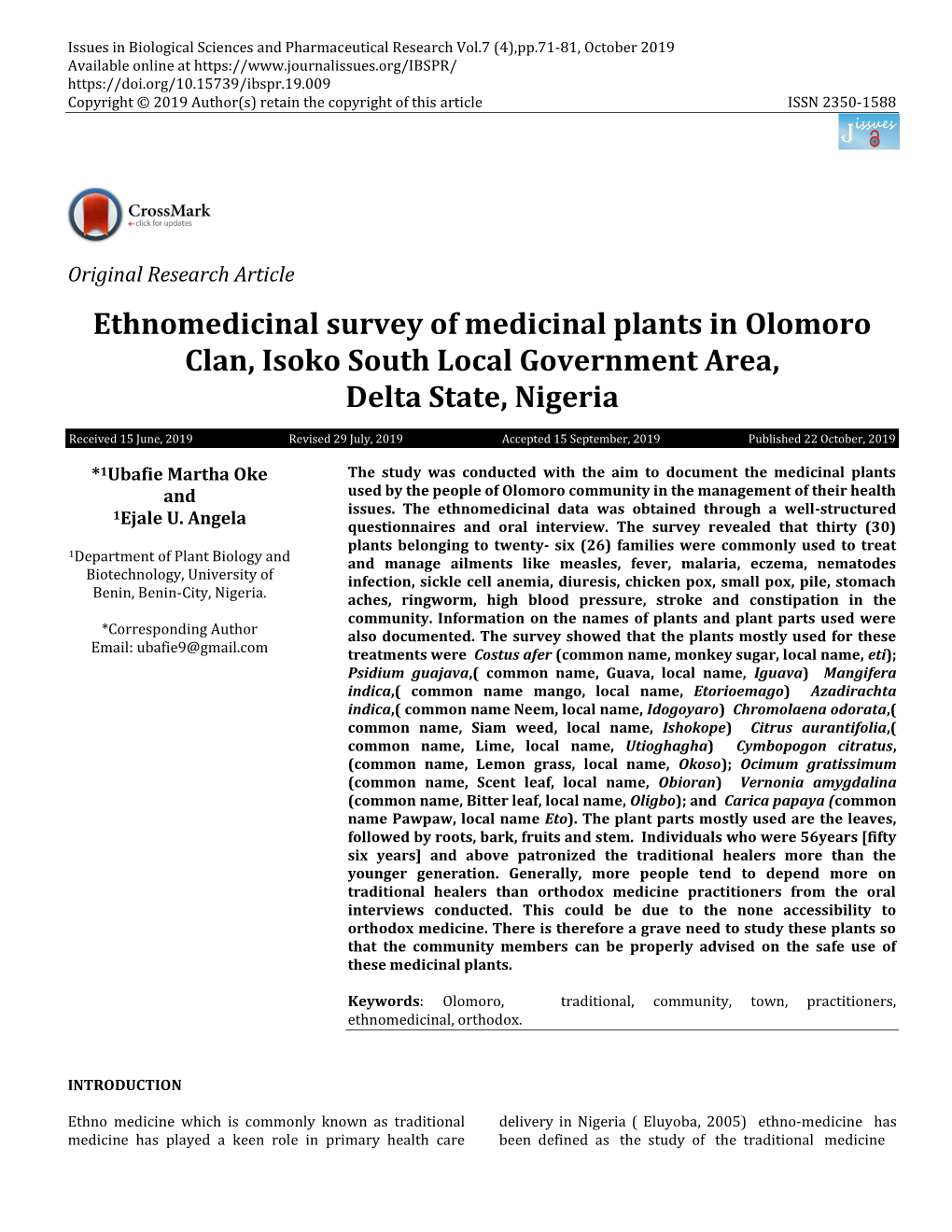 Ethnomedicinal Survey of Medicinal Plants in Olomoro Clan, Isoko South Local Government Area, Delta State, Nigeria