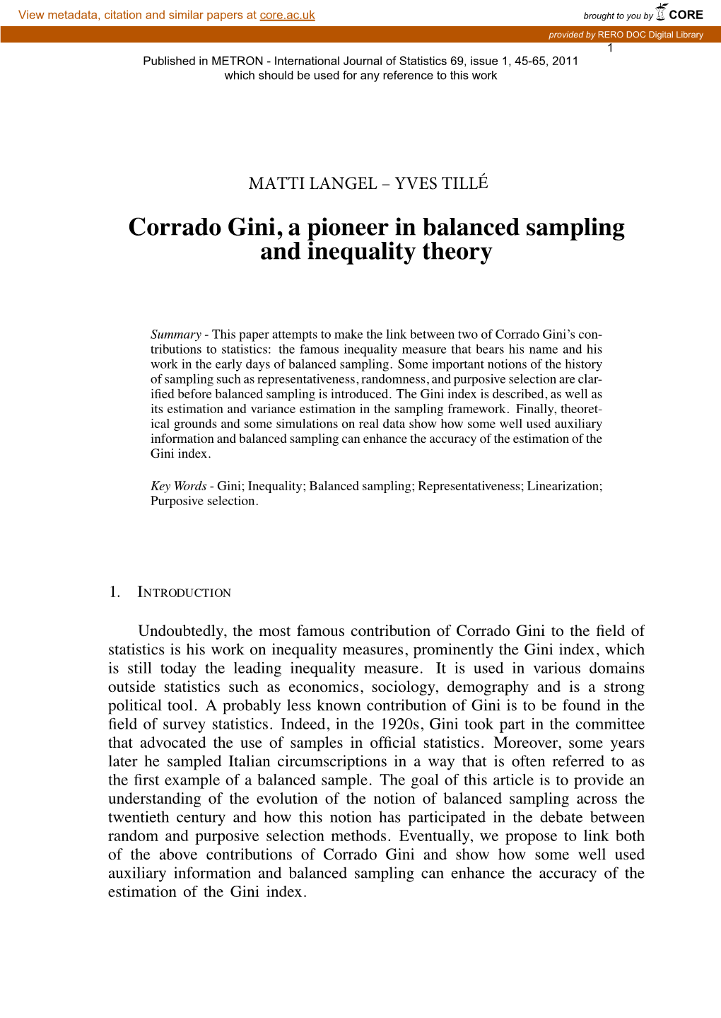Corrado Gini, a Pioneer in Balanced Sampling and Inequality Theory