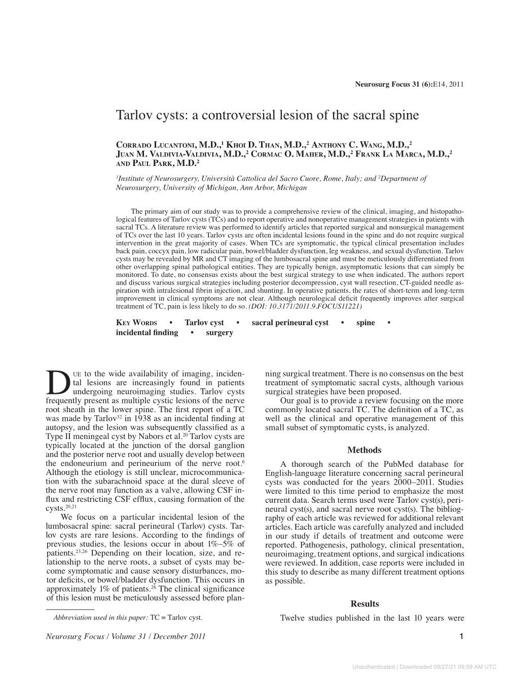 Tarlov Cysts: a Controversial Lesion of the Sacral Spine