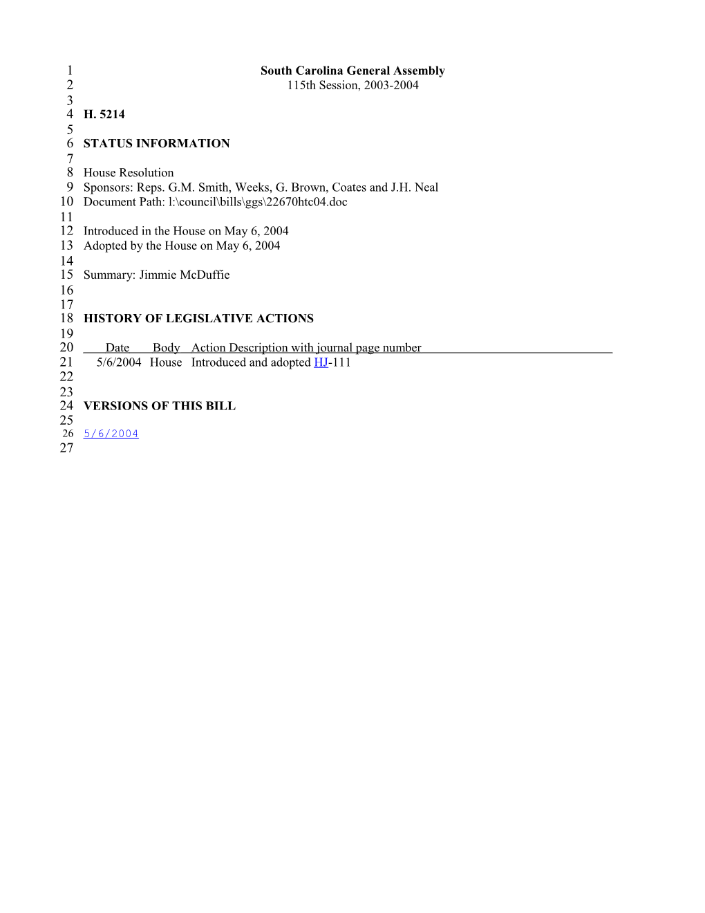 2003-2004 Bill 5214: Jimmie Mcduffie - South Carolina Legislature Online