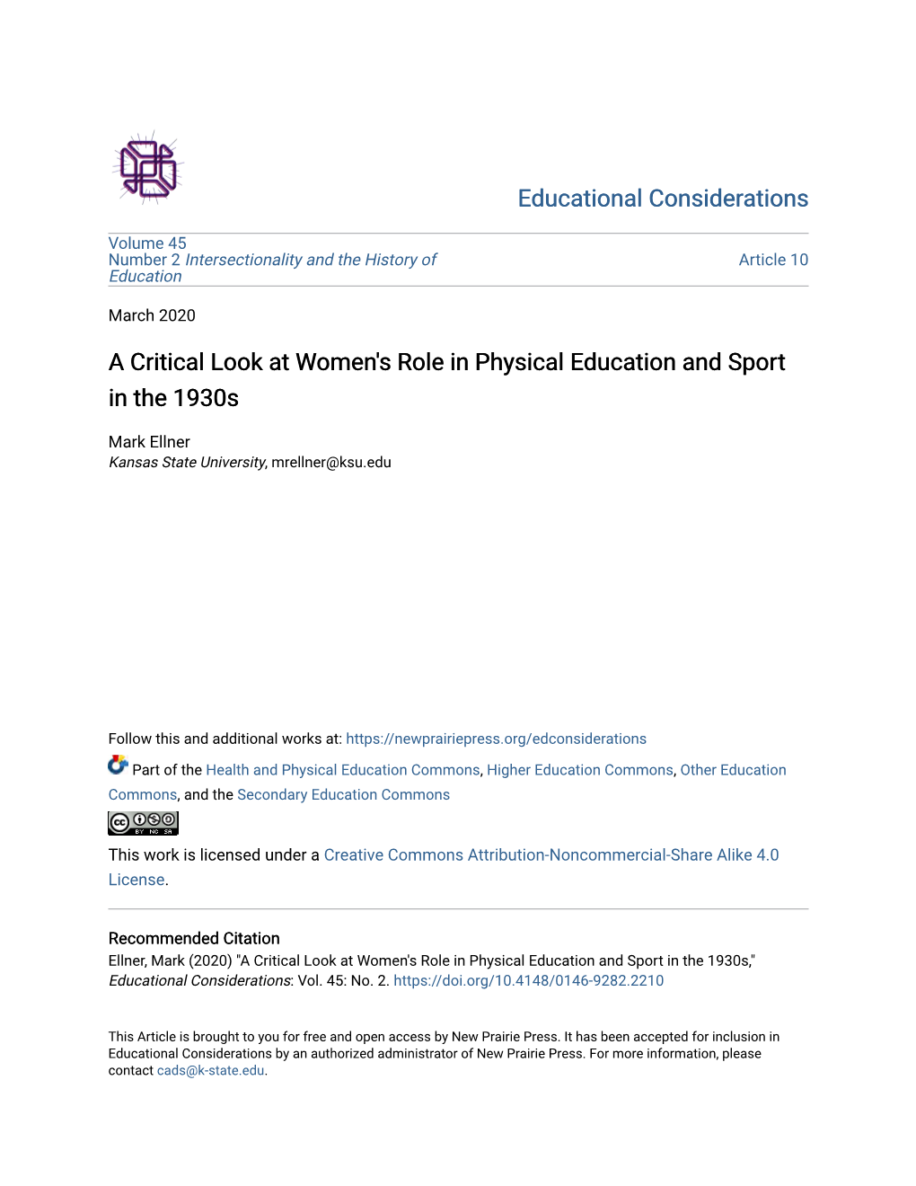 A Critical Look at Women's Role in Physical Education and Sport in the 1930S," Educational Considerations: Vol