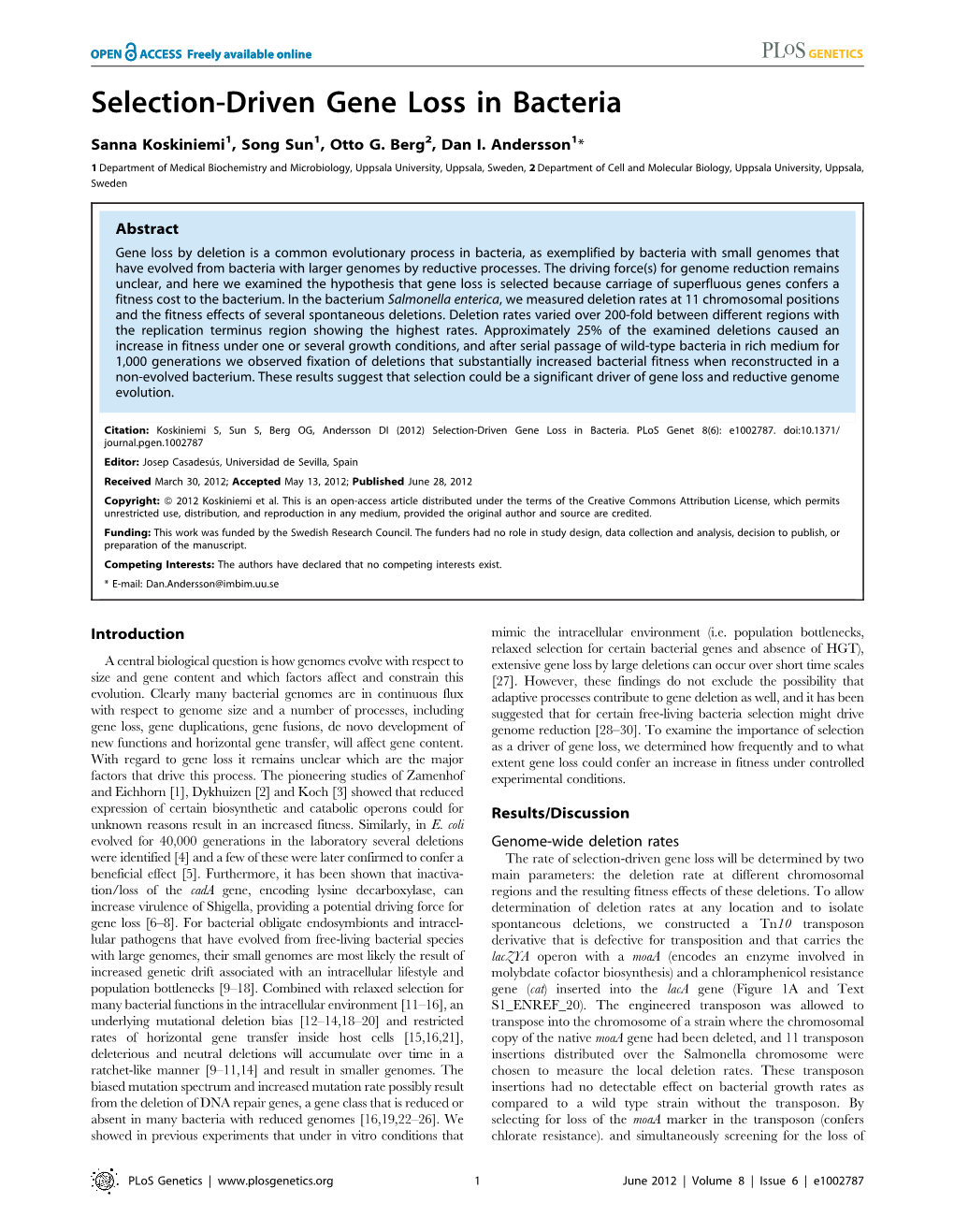 Selection-Driven Gene Loss in Bacteria