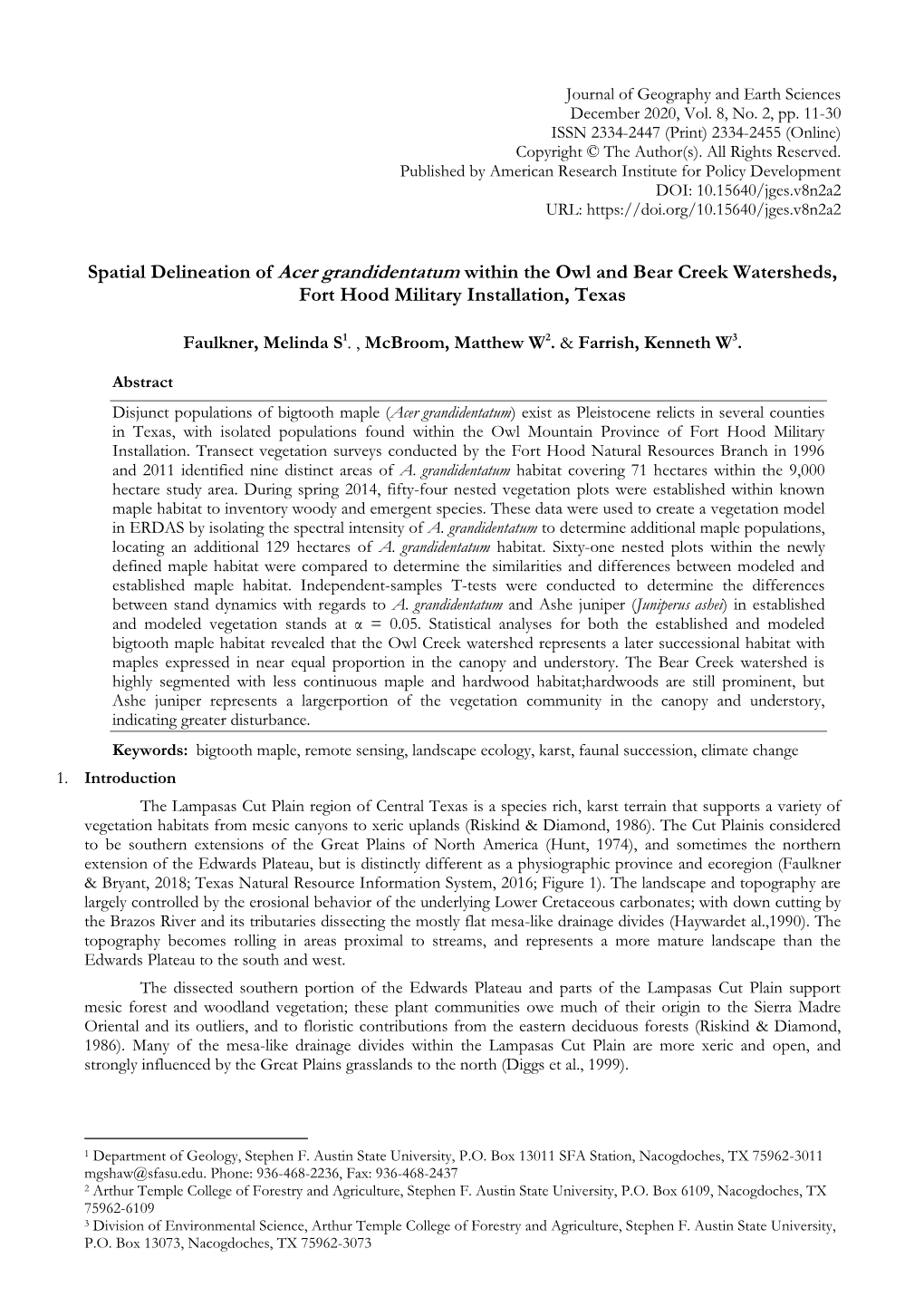 Spatial Delineation of Acer Grandidentatum Within the Owl and Bear Creek Watersheds, Fort Hood Military Installation, Texas