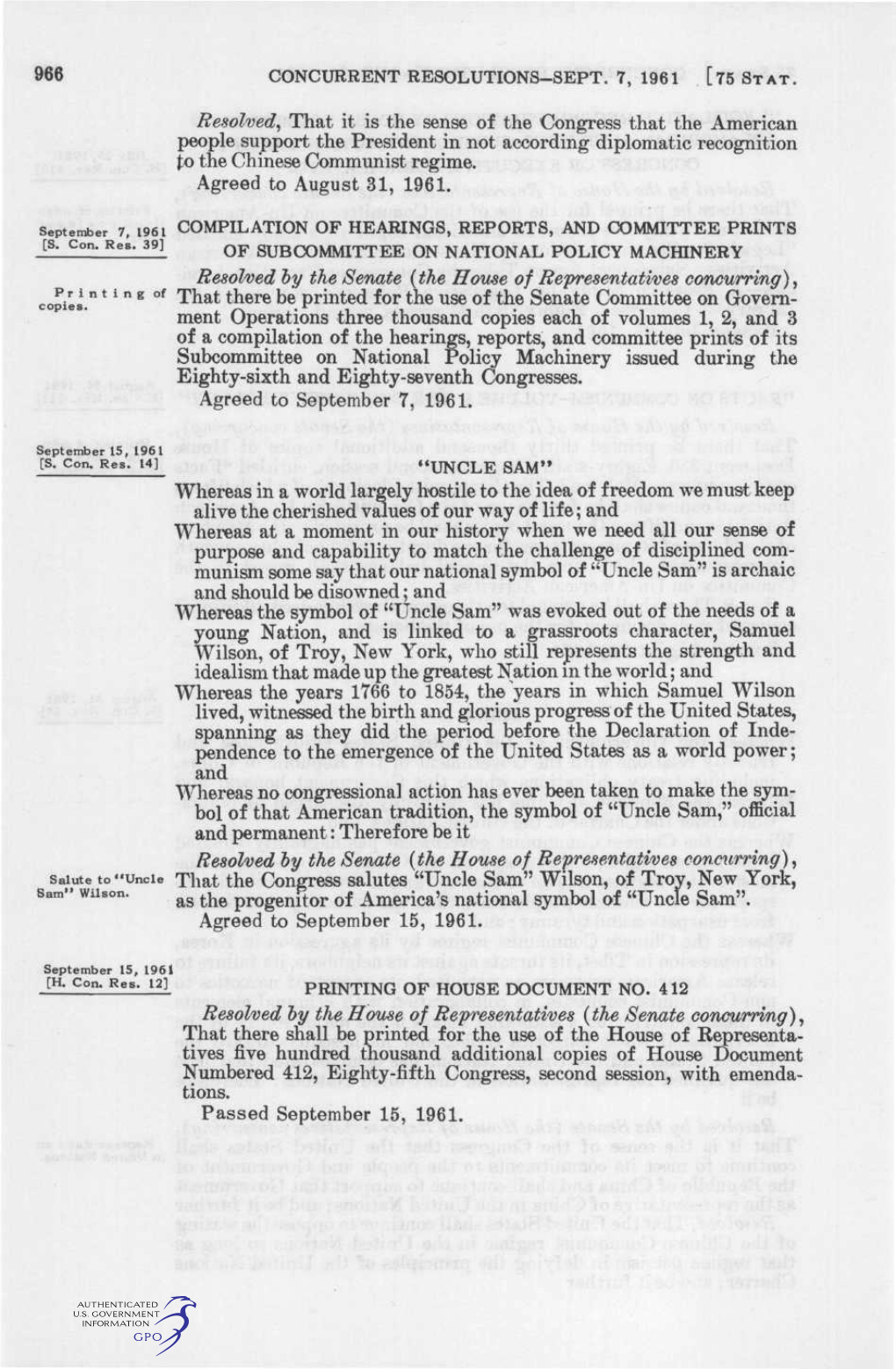 966 CONCURRENT RESOLUTIONS-SEPT. 7, 1961 [75 STAT. Resolved^ That It Is the Sense of the Congress That the American People Suppo