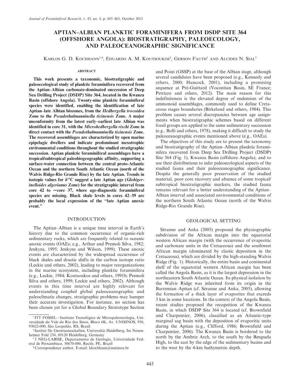 Aptian–Albian Planktic Foraminifera from Dsdp Site 364 (Offshore Angola): Biostratigraphy, Paleoecology, and Paleoceanographic Significance