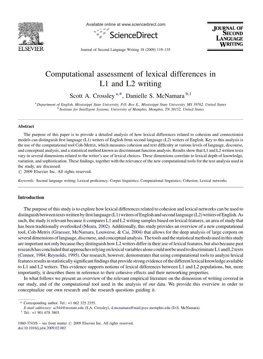 Computational Assessment of Lexical Differences in L1 and L2 Writing Scott A